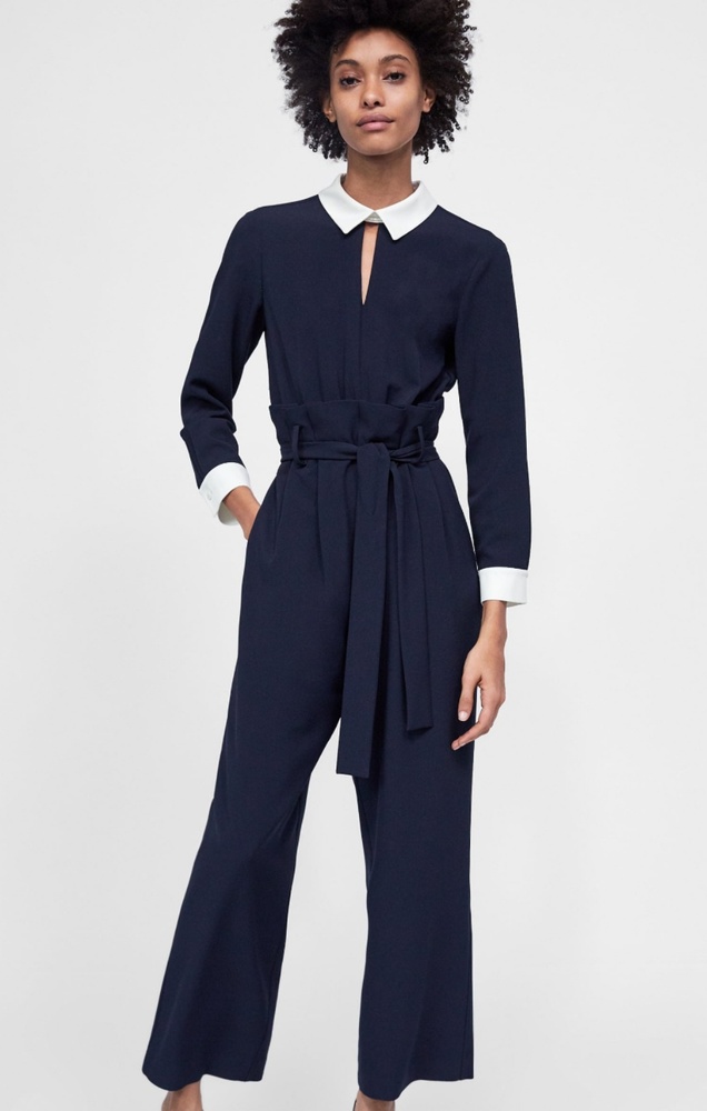 Zara Nevy Blue Belted Jumpsuit